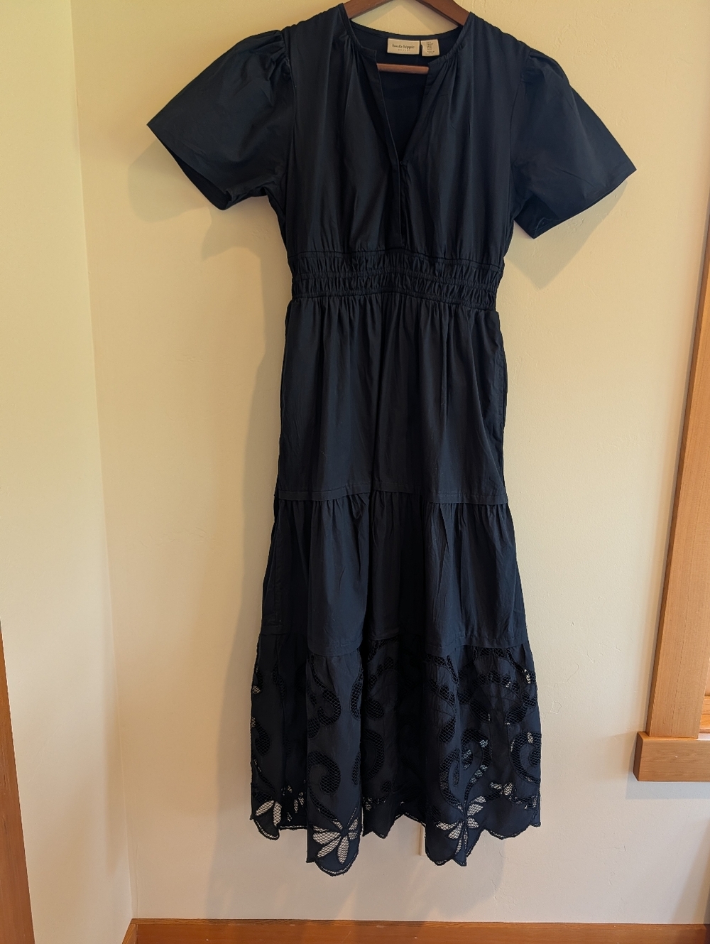 Haute Hippie Navy Blue Cotton Maxi Dress Cutwork Lace Trim Small
